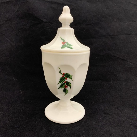 Westmoreland Other - Westmoreland Colonial Christmas Holly Milk Glass Footed Compote with Lid